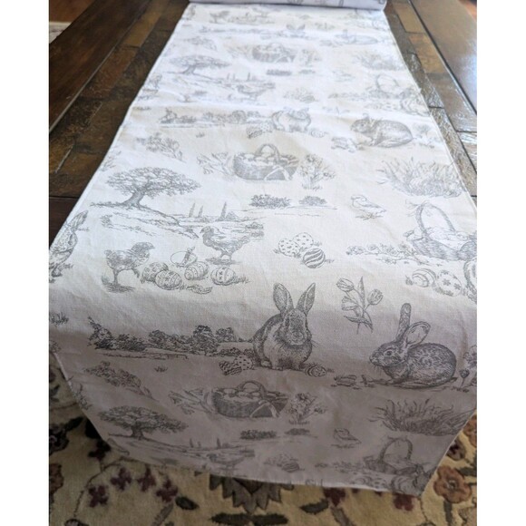 NWT Bunny Tales Cotton Table Runner Easter Bunny Cotton 15" x 90" White Gray - Picture 2 of 7
